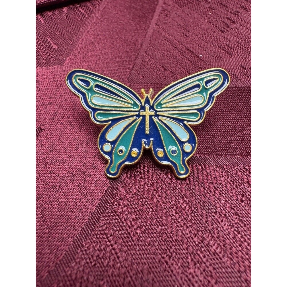 Vintage Enamel Beautiful Blue Green Gold Tone Butterfly Cross Pin Brooch Religio